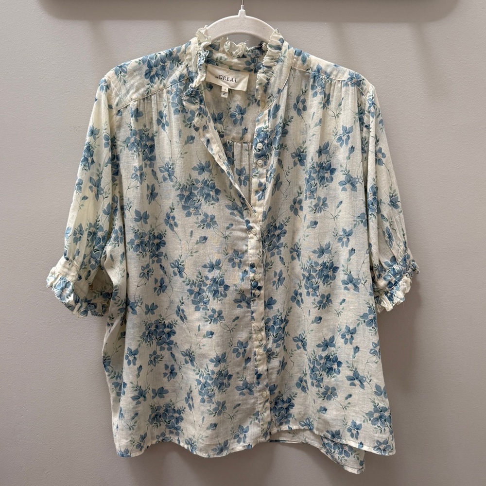 THE GREAT. Blue Floral Ruffle Collar Blouse